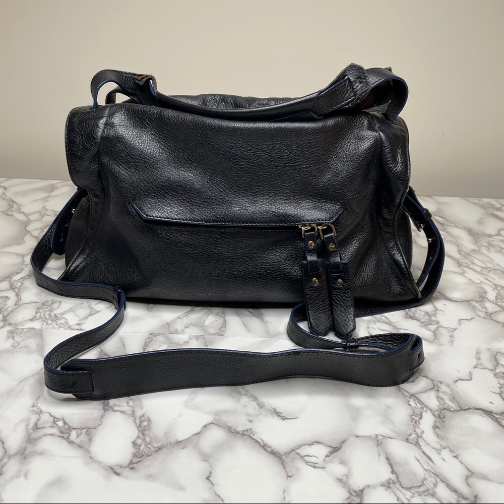 Sandro Black Leather Satchel with Blue Piping